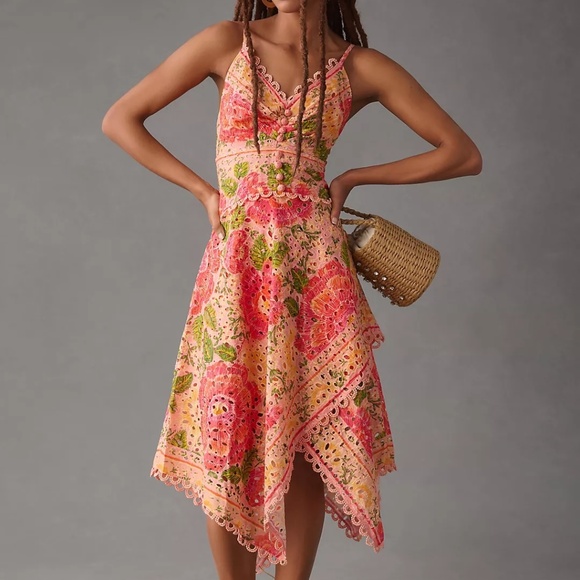 Farm Rio Printed Eyelet Asymmetrical Dress Medium - Picture 1 of 14